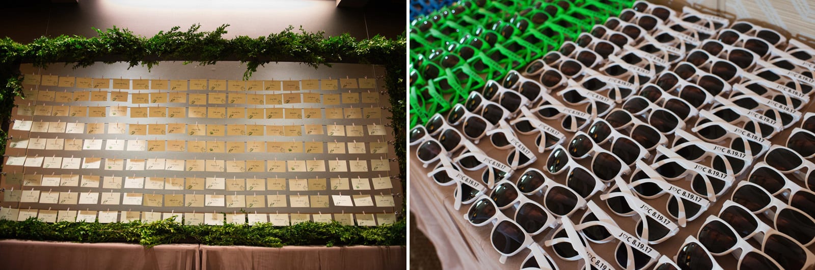 An escort table with cards hung on strings inside of a greenery-covered frame. Hundreds of sunglasses with a bride and groom's monogram on it Wedding Photography at Fairmont Hotel Pittsburgh.