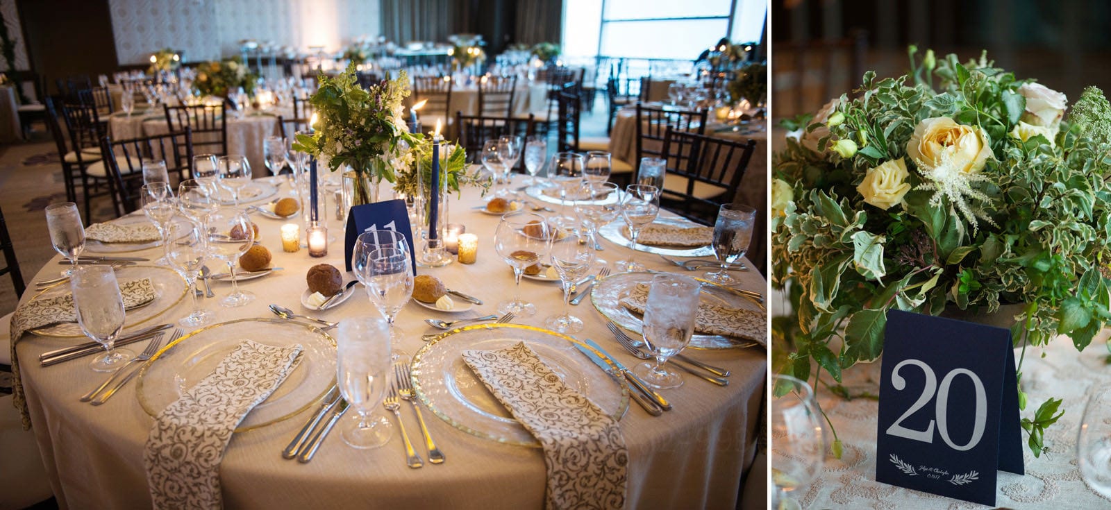 A round table set with ornate dishes and napkins in the foreground of a room set similarly along with roses in the centerpieces Wedding Photography at Fairmont Hotel Pittsburgh.