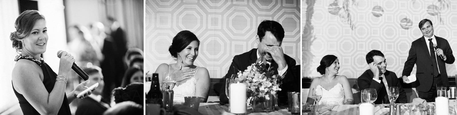 A couple laughs as the maid of honor and best man offer speeches at the head table during their Wedding Photography at Fairmont Hotel Pittsburgh.