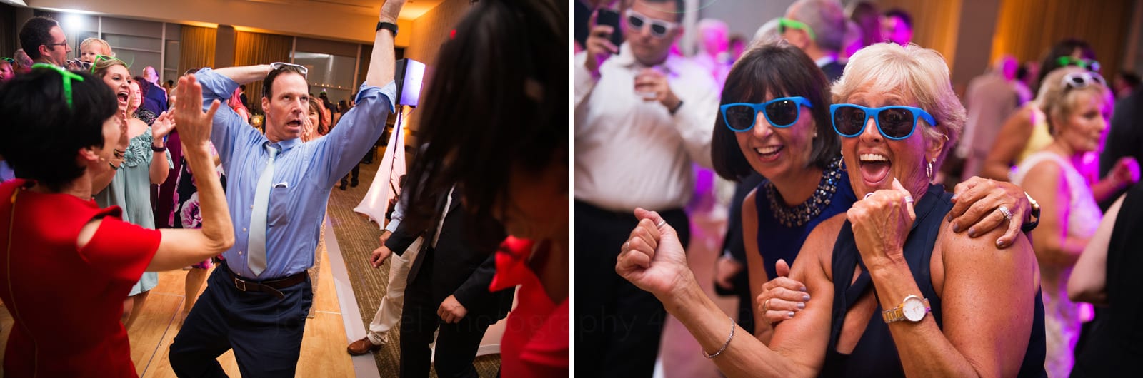A man makes a funny face as he dances while waving his hand in the air. Two sunglass wearing women dance and smile during a Wedding Photography at Fairmont Hotel Pittsburgh.