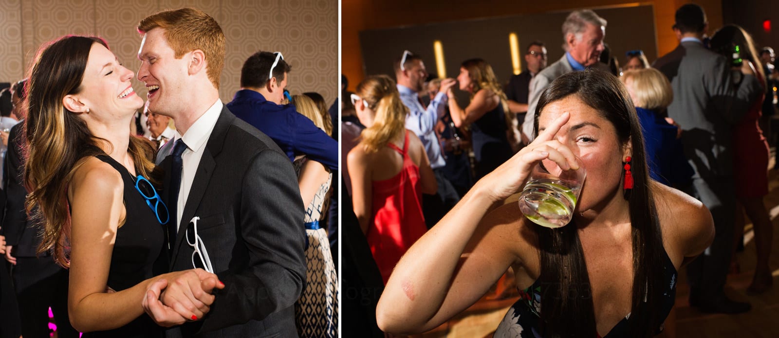 A tall couple laughs as they dance at a wedding reception and a long-haired young woman sips a cocktail while looking at the camera with one eye during Wedding Photography at Fairmont Hotel Pittsburgh.