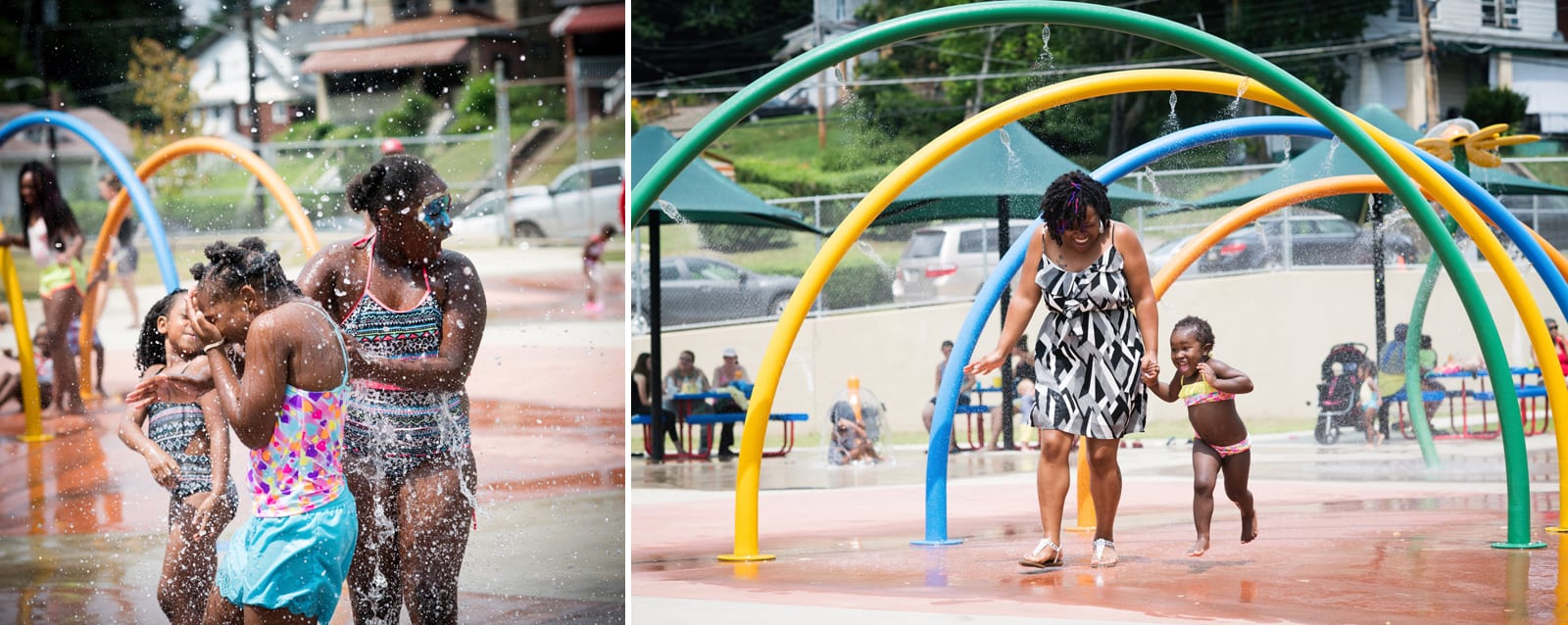 Kids and adults playing in a splash park in Hazelwood. Pittsburgh editorial event photographer.