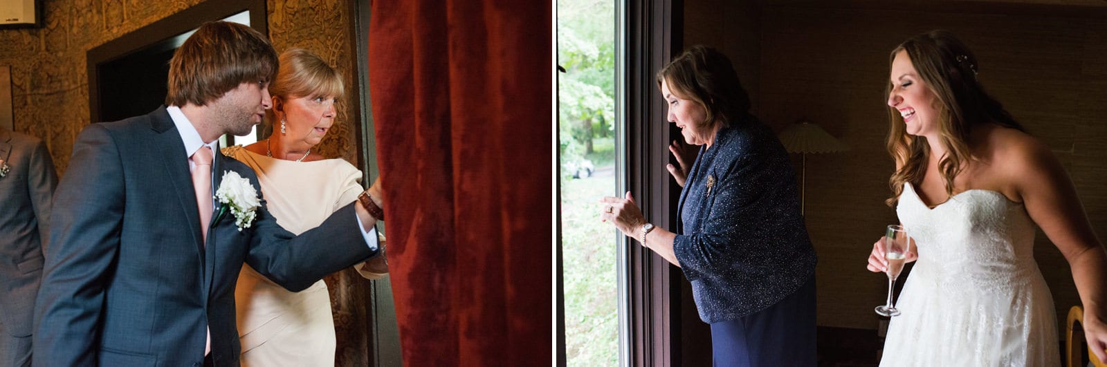 Two photos: A groom peeks out of a window covered by a red velvet curtain while in the second photo a bride holds a glass of champagne as she and her mother look out of a different window at the guests arriving for a Hyeholde Wedding Pittsburgh.