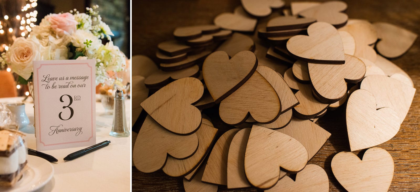A card on a table inviting guests to leave a message for the couple's third anniversary and a pile of wooden hearts at a Hyeholde Wedding Pittsburgh.