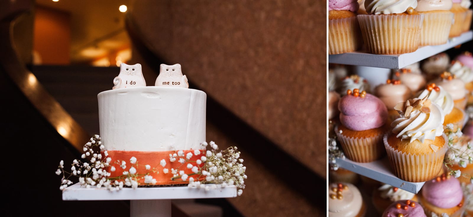 A small cake with cat ornaments on top sits on the top tier of a cupcake tower at a Hyeholde Wedding Pittsburgh.