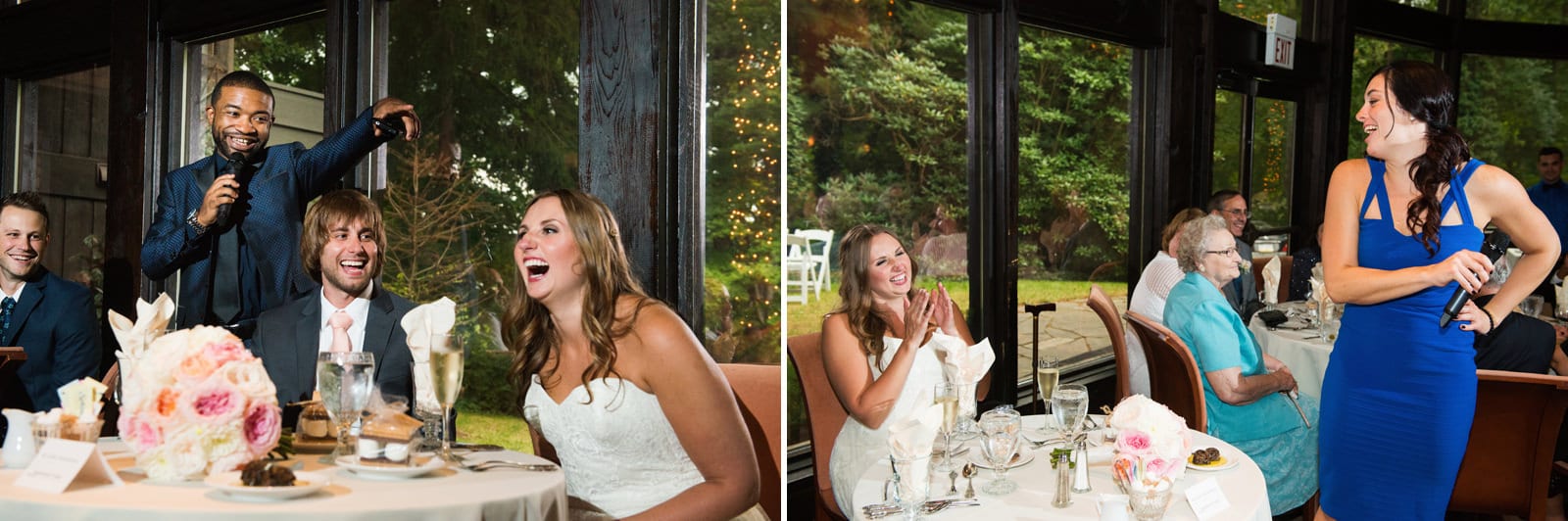 A couple laughs as their friends offer toasts during their Hyeholde Wedding Pittsburgh.