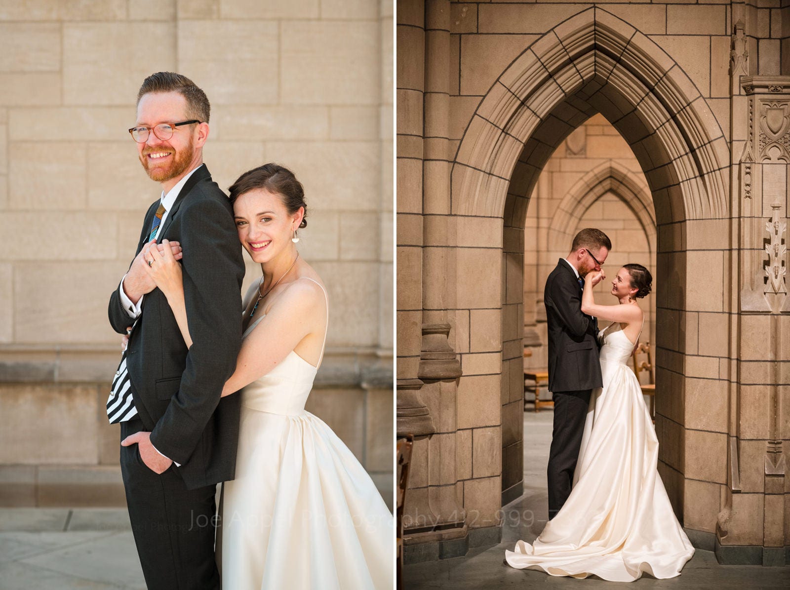 Bride and groom smile at the camera as the bride holds the groom from behind. A groom kisses the hand of his bride as they stand beneath an arch in the interior of the Cathedral of Learning at the University of Pittsburgh.