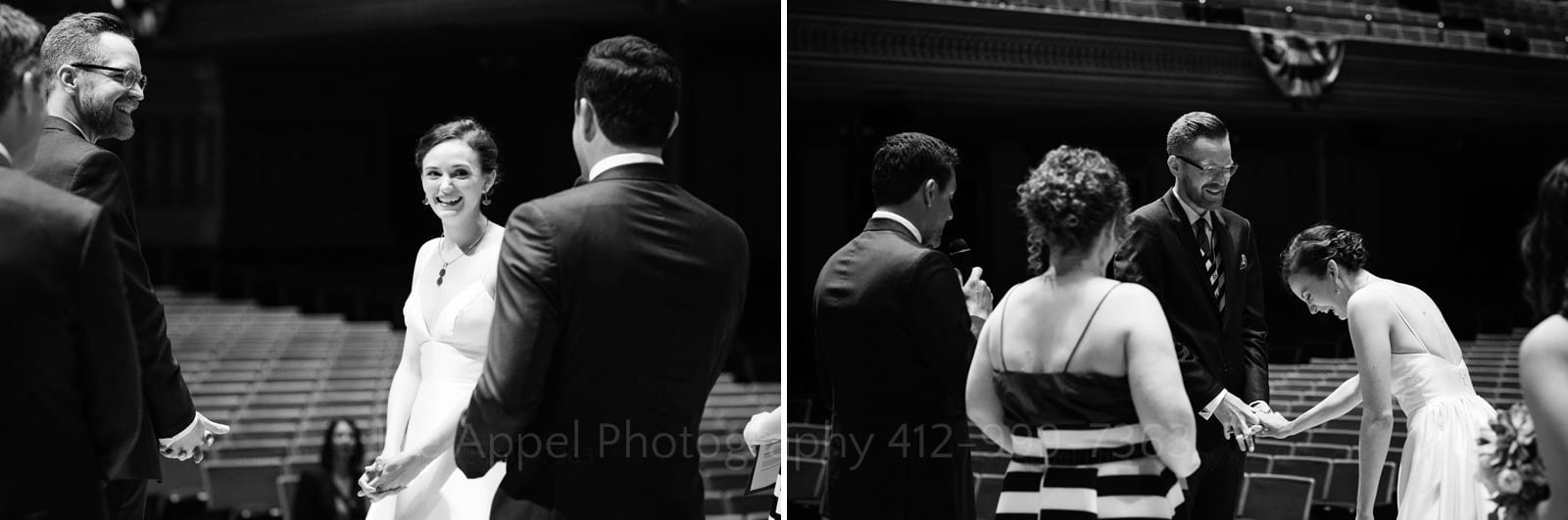 A bride and groom smile and laugh during their wedding ceremony at Soldiers and Sailors Wedding Photos.
