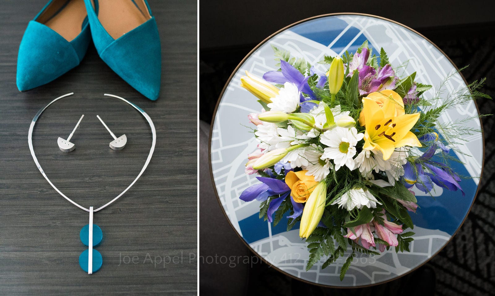 Teal colored shoes and silver jewelry along with a bouquet of yellow and white flowers.