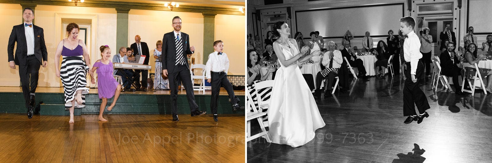 A group of people perform Irish step dance and a dancing boy jumps in the air before an applauding bride Soldiers and Sailors Wedding Photos.
