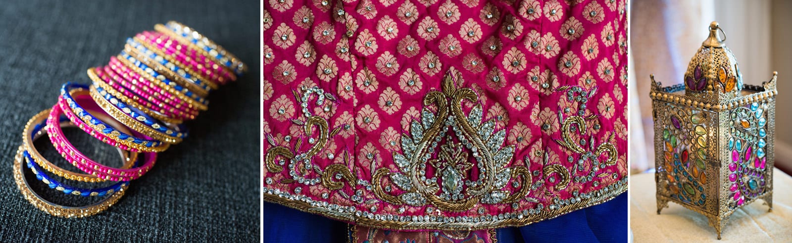 colorful bracelets, detail of the stitching on a sari, and a colorful jeweled lantern at a south asian wedding in Pittsburgh.