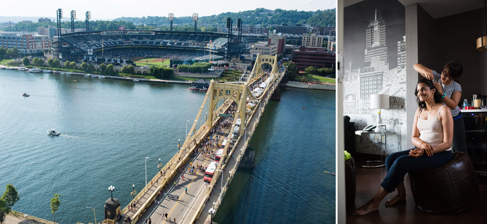 A view of the Roberto Clemente bridge with pedestrians crossing and shopping at food trucks on their way to PNC Park.