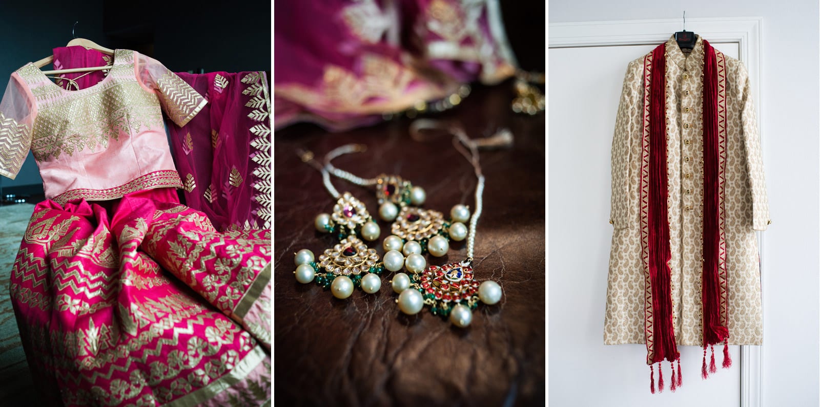 Detail photos of a gold-red-and-white sari, jewelry and a groom's outfit for a Renaissance Phipps South Asian Wedding.