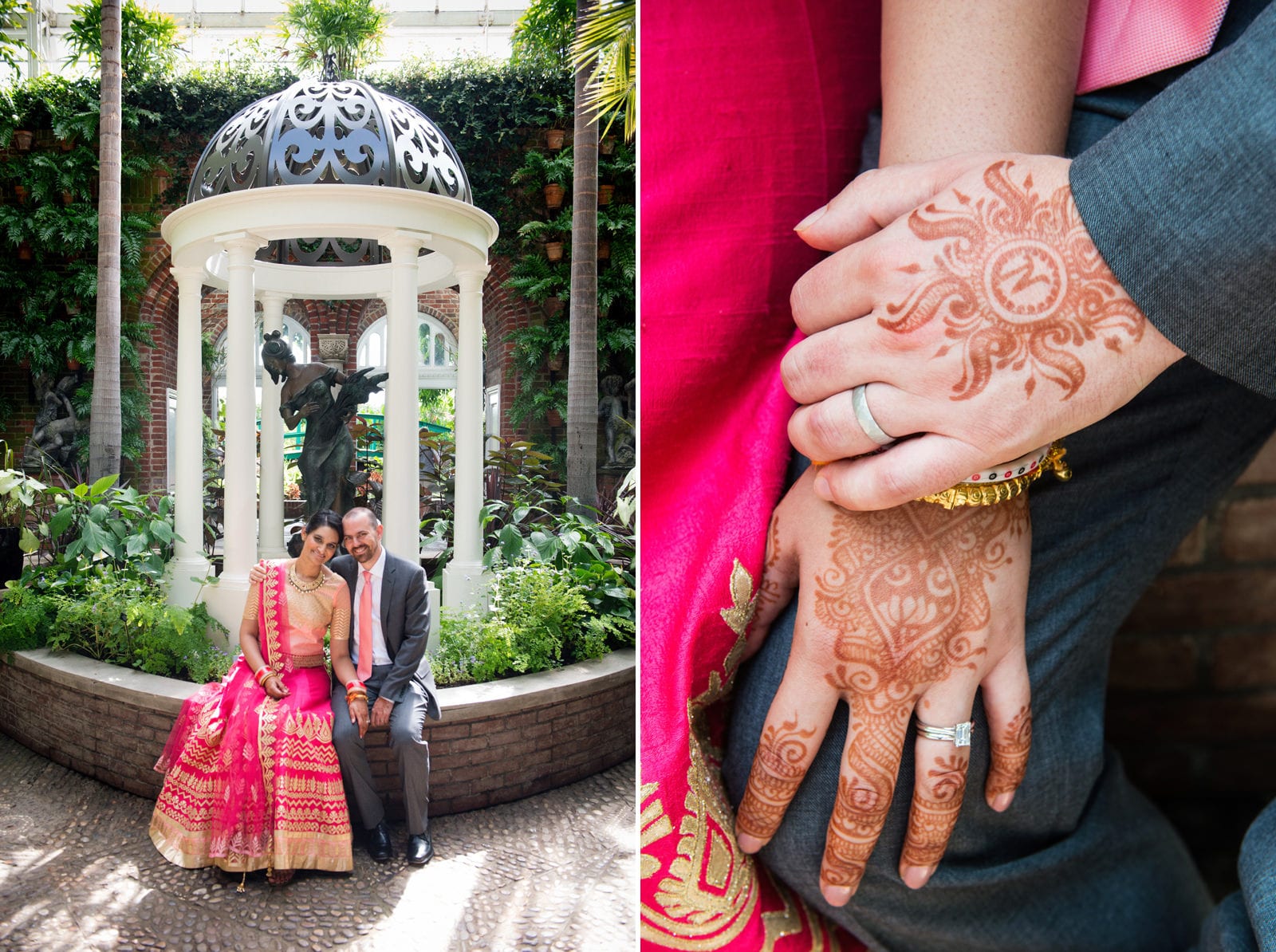 Detail photo of a bride and groom's hands with henna tattoos and a portrait of a bride and groom sitting in front of a statue after their Renaissance Phipps South Asian Wedding.
