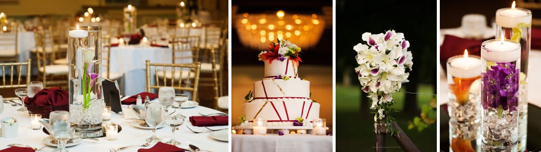 Details from a Montour Heights Country Club wedding include a cake, candles, and flowers.