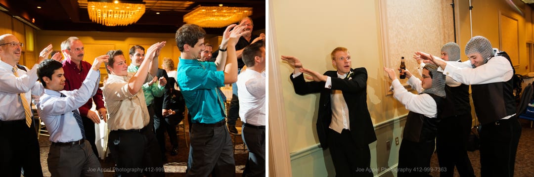 Two photos of wedding guests doing the Thriller dance move during a Montour Heights Country Club wedding.