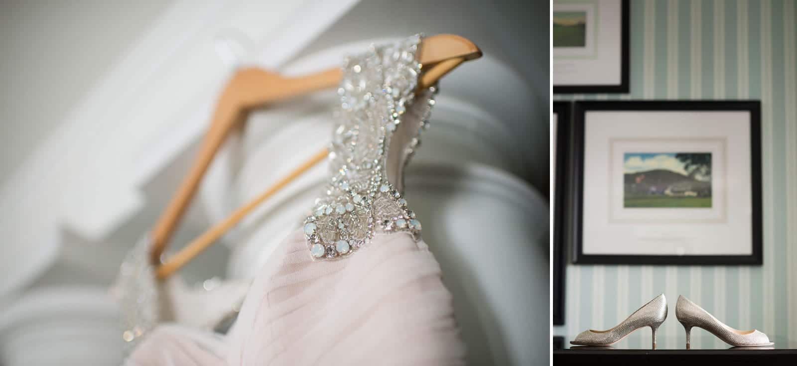 A wedding gown and a pair of fancy women's shoes in a suite at the Omni Bedford Springs Resort.