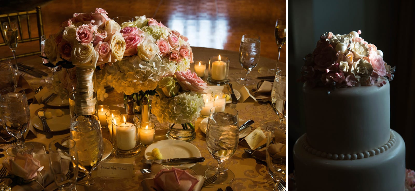 A shaft of sunlight illuminates a wedding cake. Flowers, candles and gold table cloths decorate a dinner table during an Omni Bedford Springs Weddings.