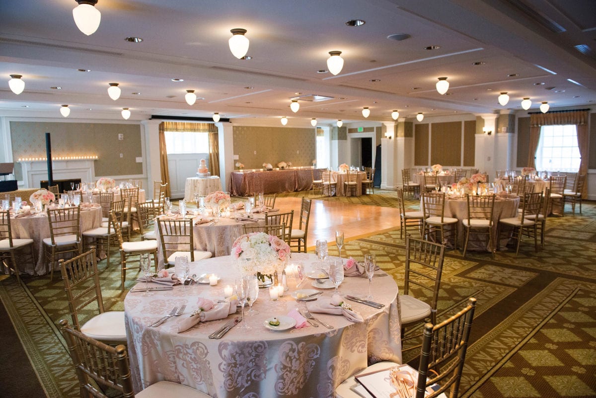 An overall view of the Eisenhower Ballroom at the Omni Bedford Springs.