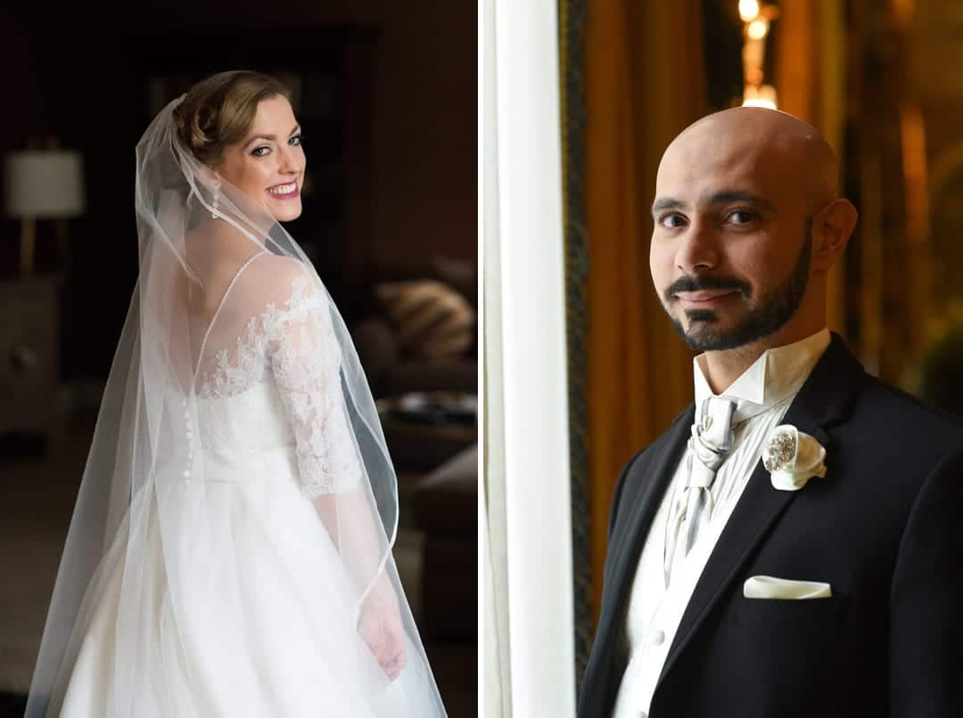Portraits of a bride and a groom at the Omni William Penn in Pittsburgh.