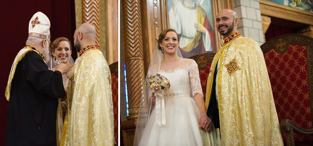 Two photos of a bride and groom on the altar of St. Mary's Coptic Orthodox church in Ambridge Pennsylvania.