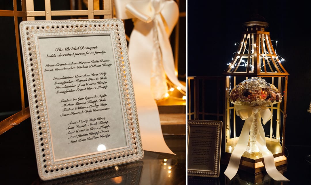 A bouquet made of heirloom jewelry is displayed in a lighted cage with a framed list of those who donated the jewelry.