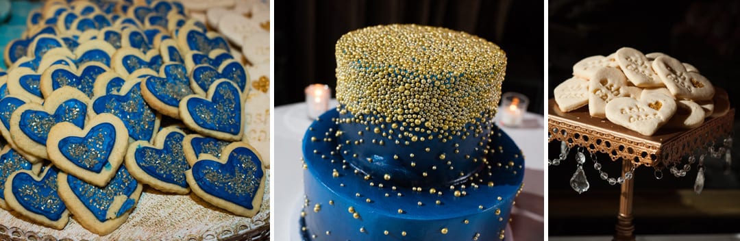 Blue and gold cake and cookies during a wedding at the Omni William Penn.