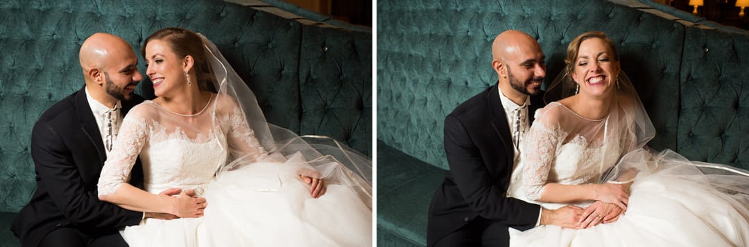 A bride and groom sit on the teal upholstered settee in the lobby of the Omni William Penn hotel.