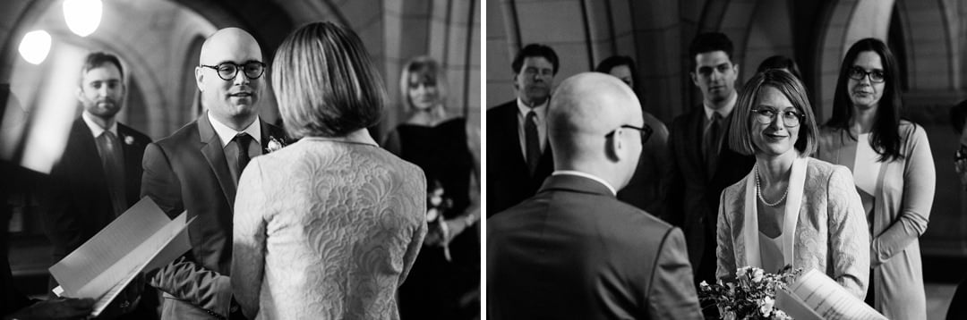 Two photos of a bride and groom as they exchange vows during their Allegheny County Courthouse wedding.