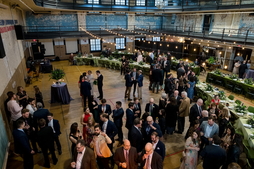 An overhead view of a cocktail hour during an Ace Hotel Wedding.