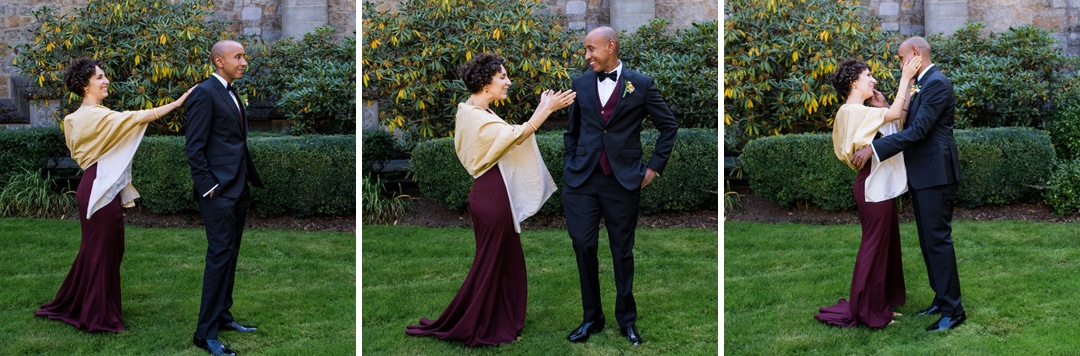 A series of three wedding photos showing a bride in a maroon dress and a groom wearing a dark suit during their first look outside of the Church of the Redeemer in Chestnut Hill, MA.