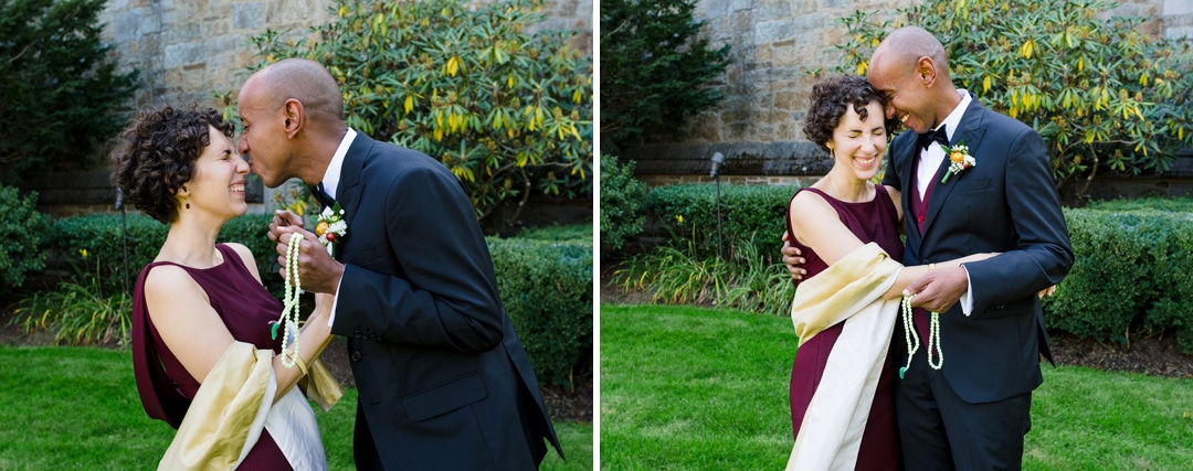 Two photos of a bride and groom embracing on green lawn while wearing a maroon dress and a dark suit.