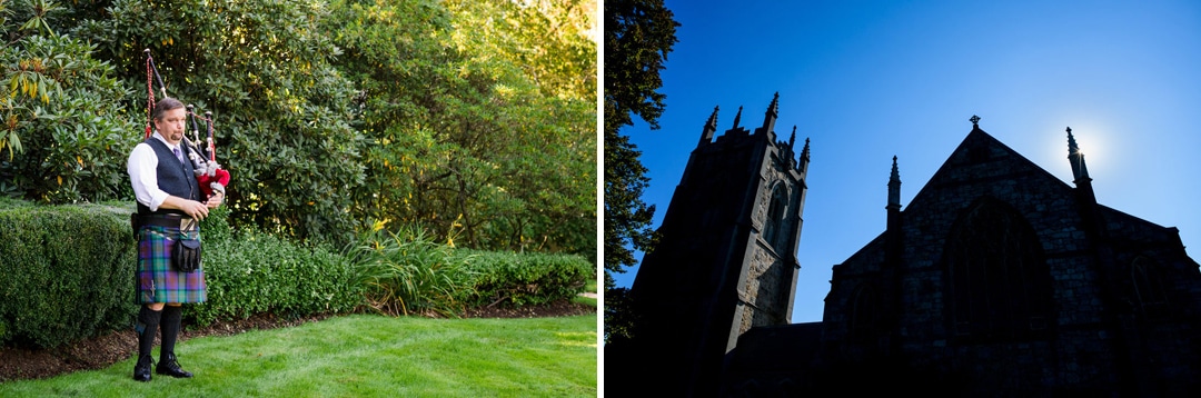 A man in a kilt plays bagpipes on a green lawn outside of the Church of the Redeemer in Chestnut Hill MA