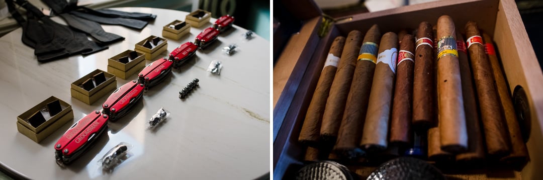Detail photos of cigars and personalized swiss army knives.