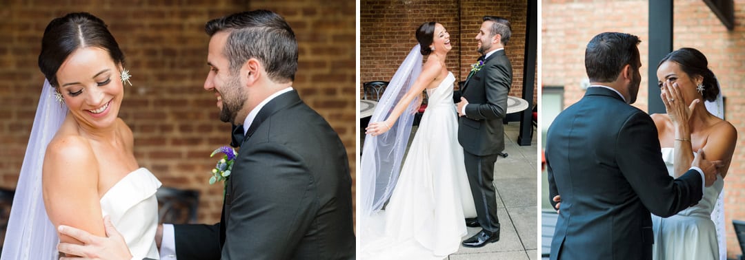 Three photos of a happy bride and groom shortly after seeing each other in their wedding clothes for the first time.