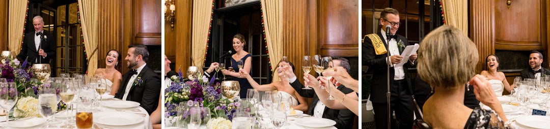 Three photos of people toasting a bride and groom during their Duquesne Club wedding.