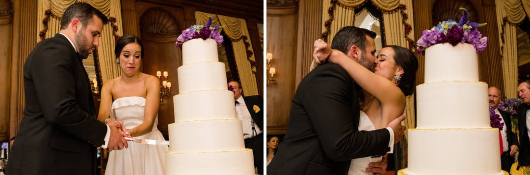 Two photos of a bride and groom cutting their wedding cake at the Duquesne Club.