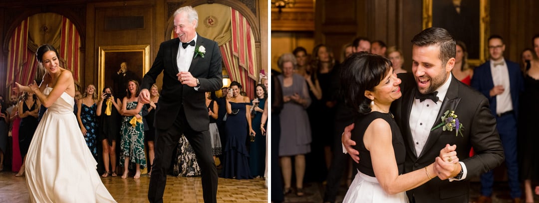 A bride performs a dance number with her father and a groom dances with his mother during their wedding at the Duquesne Club.