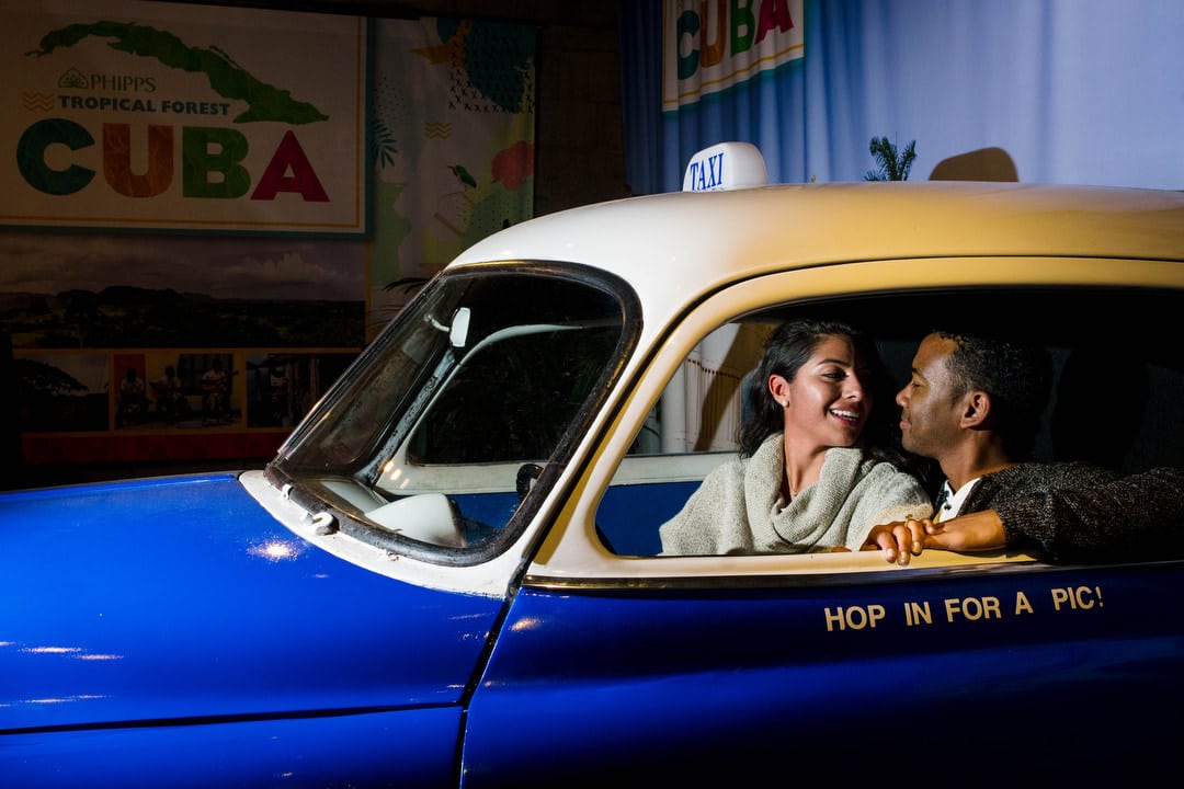 A young couple sits together in the front seat of an old blue and white taxi in the Cuba exhibit at Phipps Conservatory.
