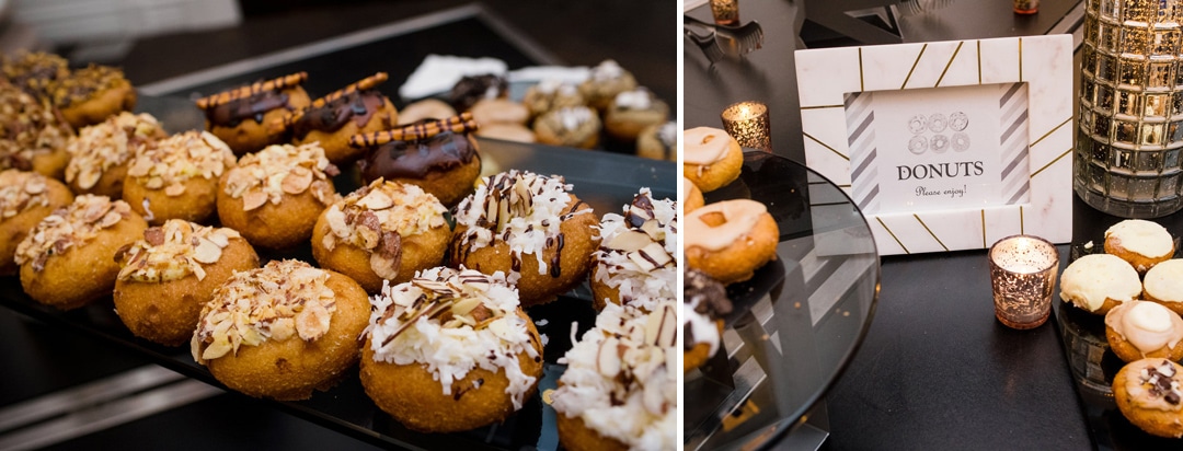 Different varieties of donuts on offer during a brunch wedding reception at the Hotel Monaco in Pittsburgh.