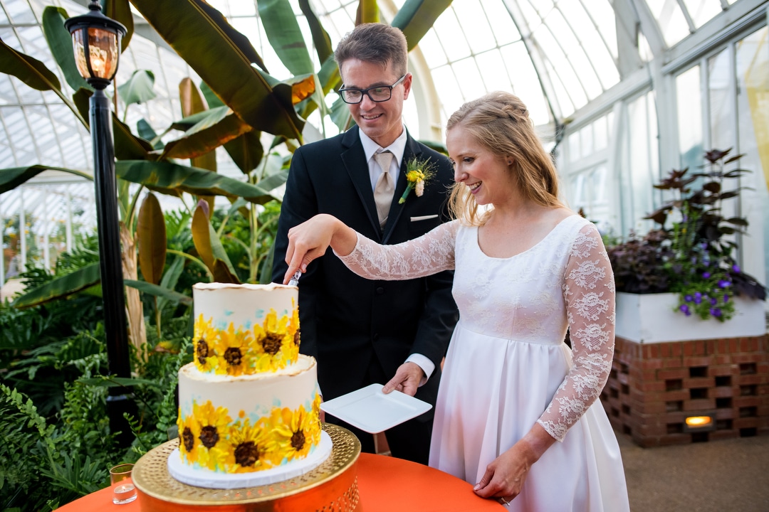 A couple cuts a cake decorated with sunflowers after their small wedding at Phipps.