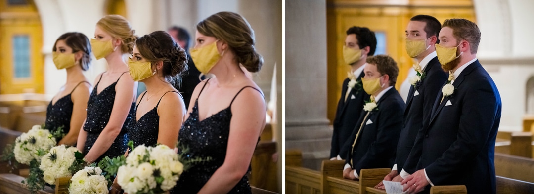 Bridesmaids and groomsmen wearing gold-colored masks during the pandemic.