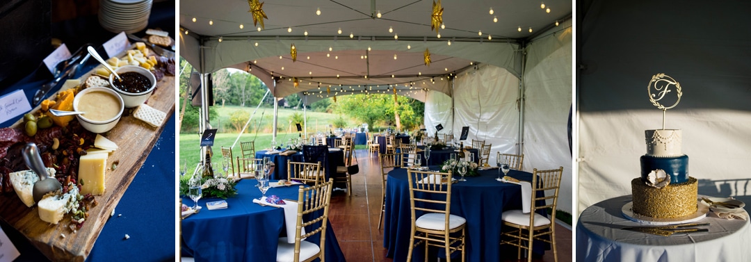 Blue and gold tones in the tented reception, the cheese board, and the wedding cake.