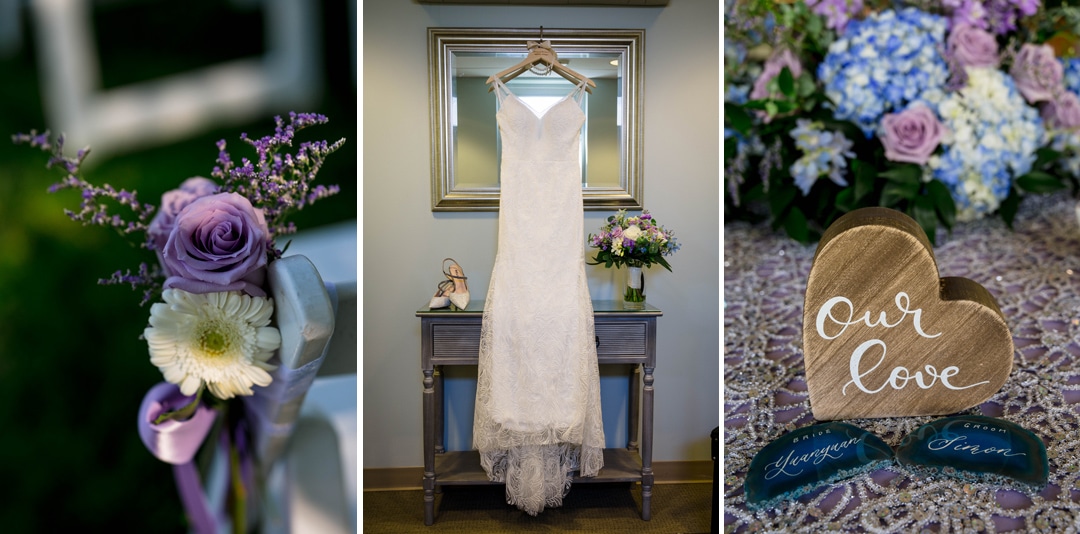 Detail photos of a flower attached to a chair, a white wedding dress and shoes, and a small wooden decoration with blue stones.