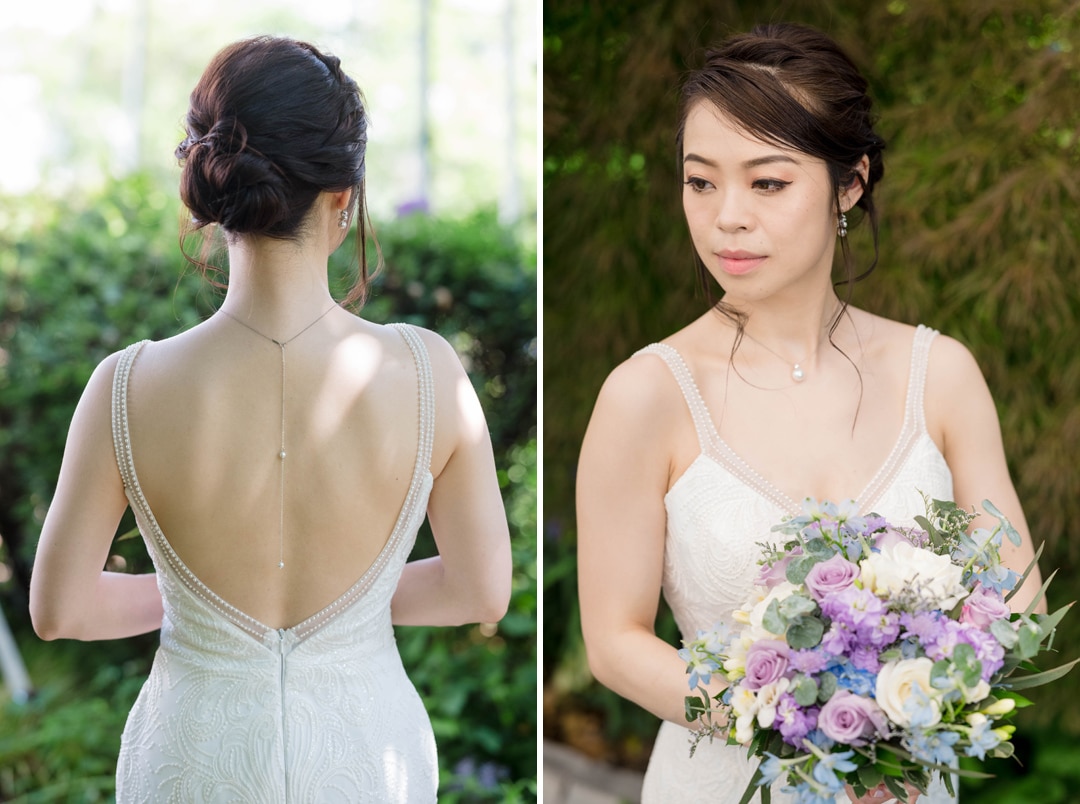 Details of a bride wearing a white dress. The scooped back accentuates her figure while the thin straps make for an elegant front.