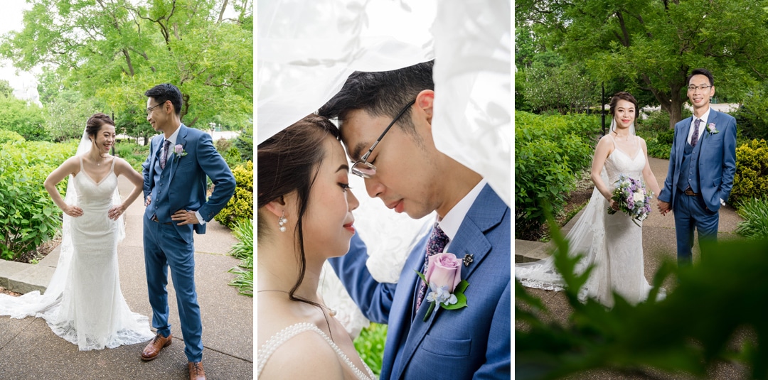 Portraits of a bride and groom after their Phipps outdoor wedding including one where the couple is under the bride's veil.