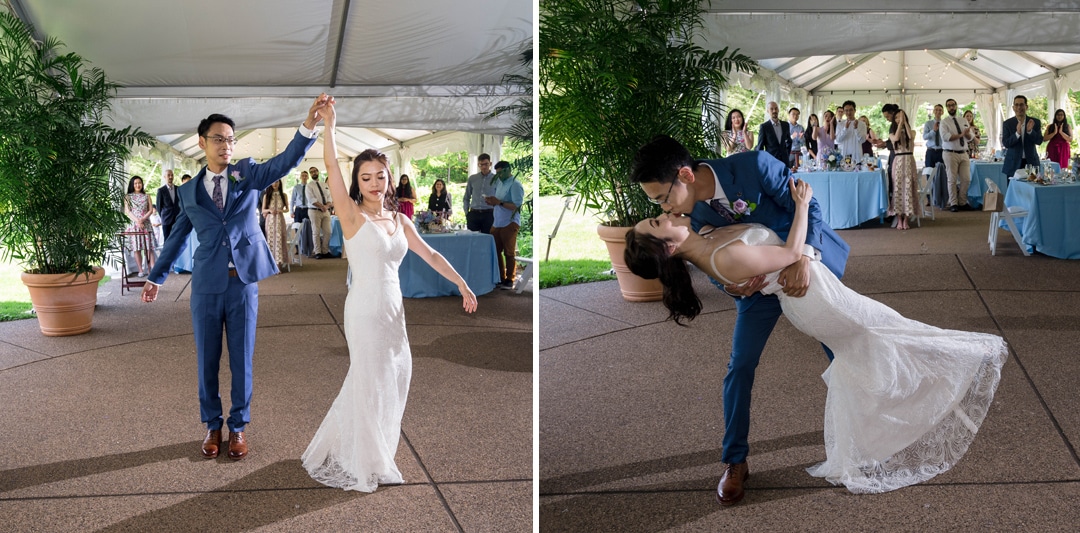 Two photos of a bride and groom's first dance including the dip at the end.