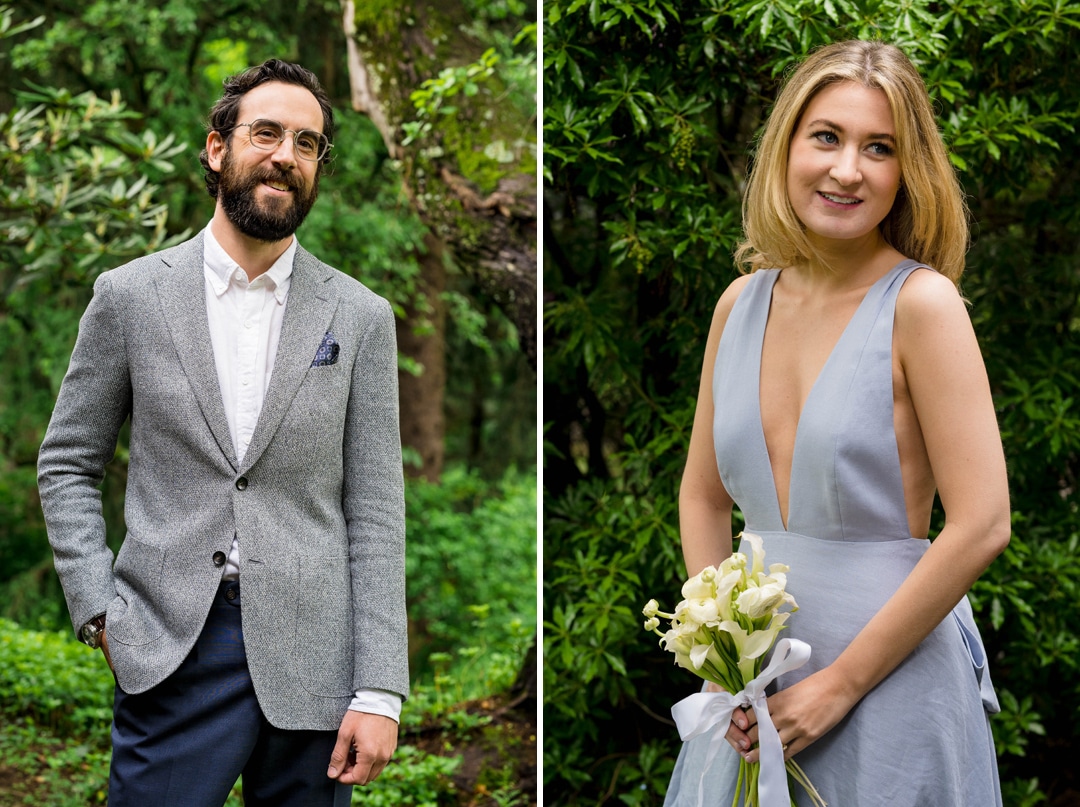 Portraits of a bride wearing a blue dress and holding a small bouquet and a groom in a gray sport coat during their outdoor intimate wedding.
