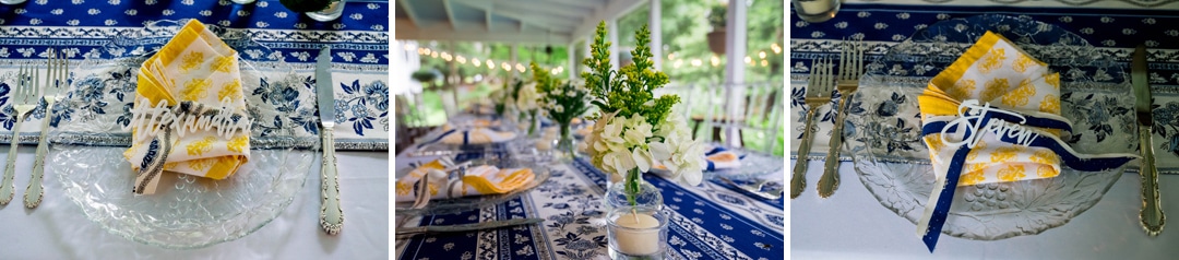 Detail photos of a long banquet table set up on a screen porch during an outdoor intimate wedding.