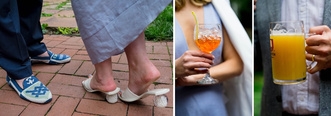 Detail photos of a bride and groom's fancy shoes and their signature drinks.